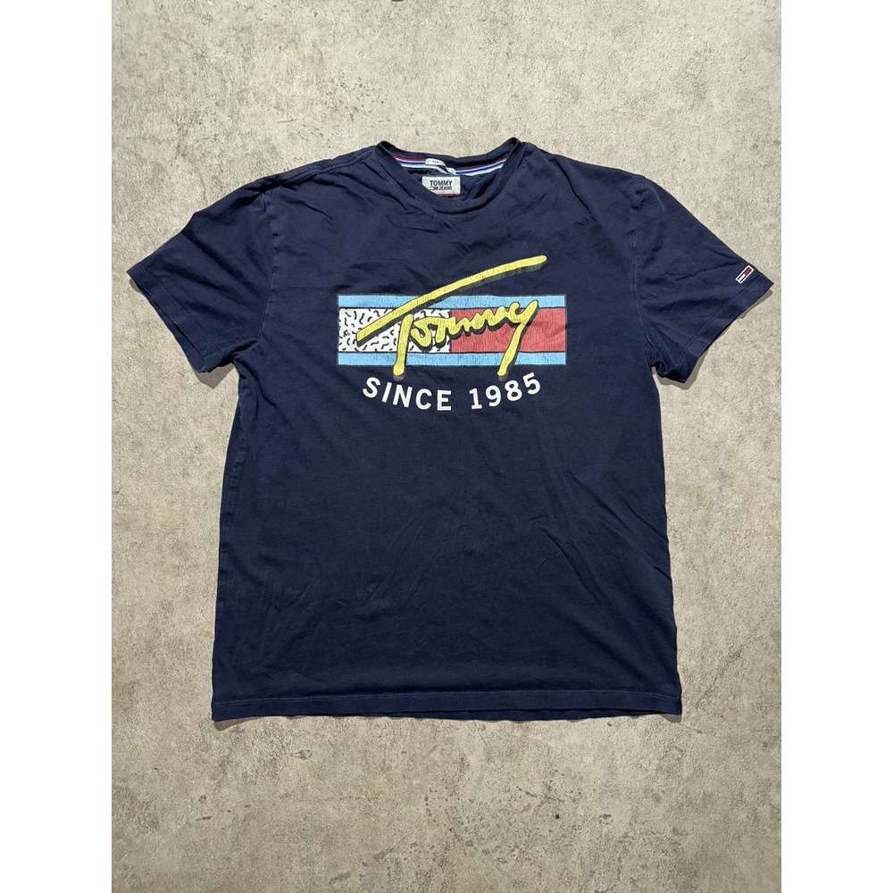 Tommy Hilfiger Jeans Men's Sz L Spellout Big Flag T Shirt Blue Regular Fit Tee